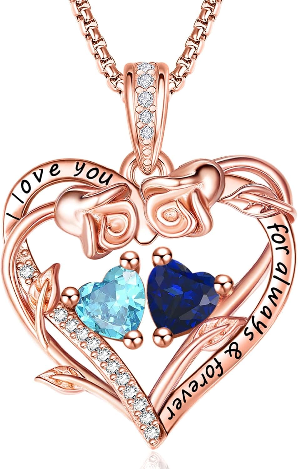 Rose Gold Heart Necklace with Birthstones
